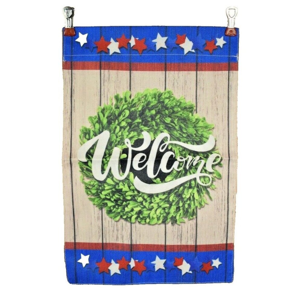 Americana Welcome Wreath 12 x 18 inch Double Sided Nylon Burlap Garden Flag